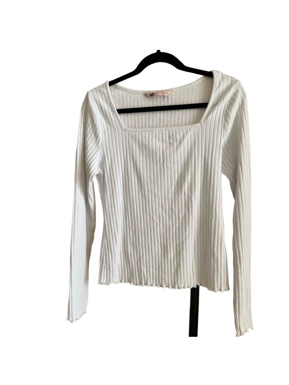 SO White Ribbed Long Sleeve Blouse